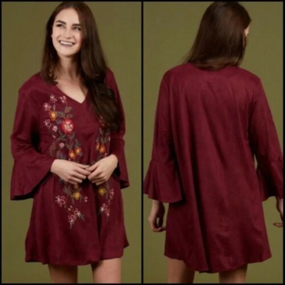 ✨2/$20 Altar'd State Velvet Floral Boho Tunic Dress Bell Sleeve Medium H11619 - Picture 12 of 12